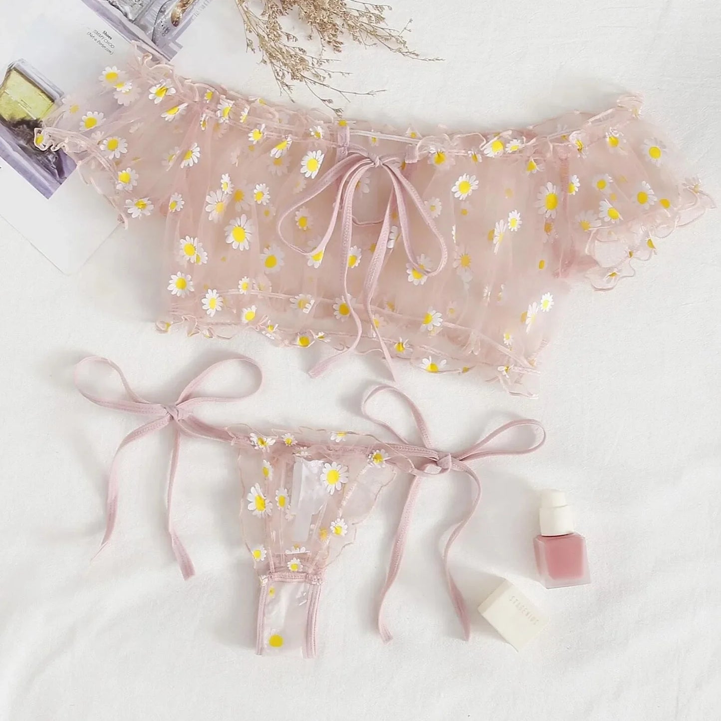 Lace Mesh Fabric Bra + Thong Babydoll Sissy Outfit