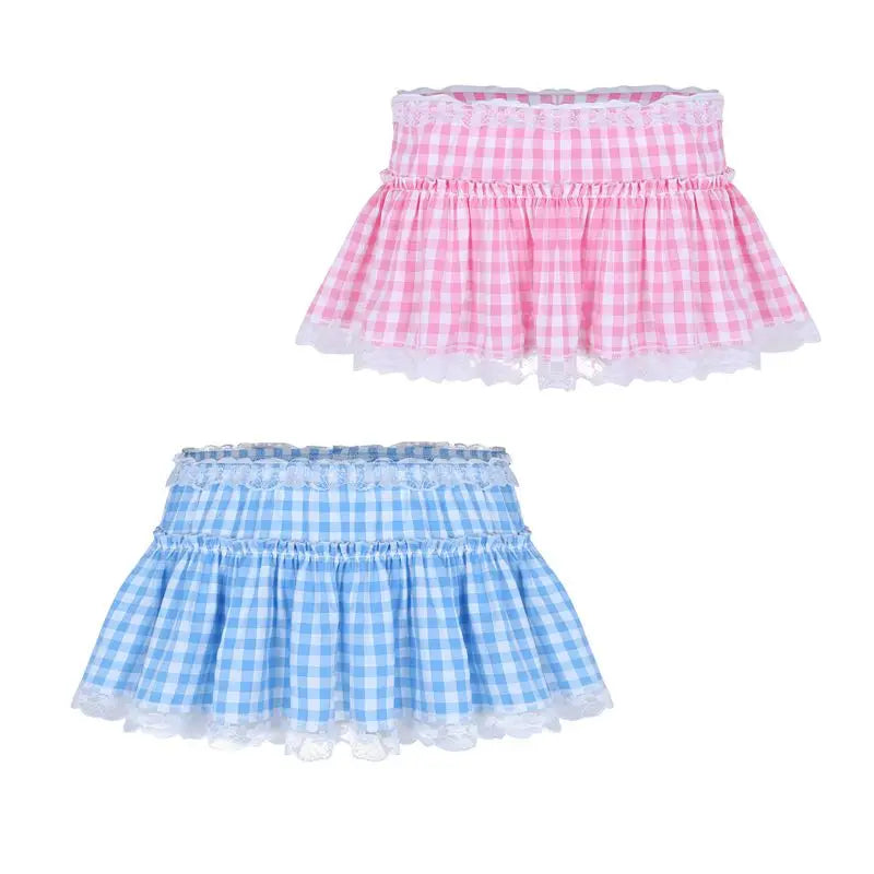 Sissy Gingham Miniskirt with Lace Hem